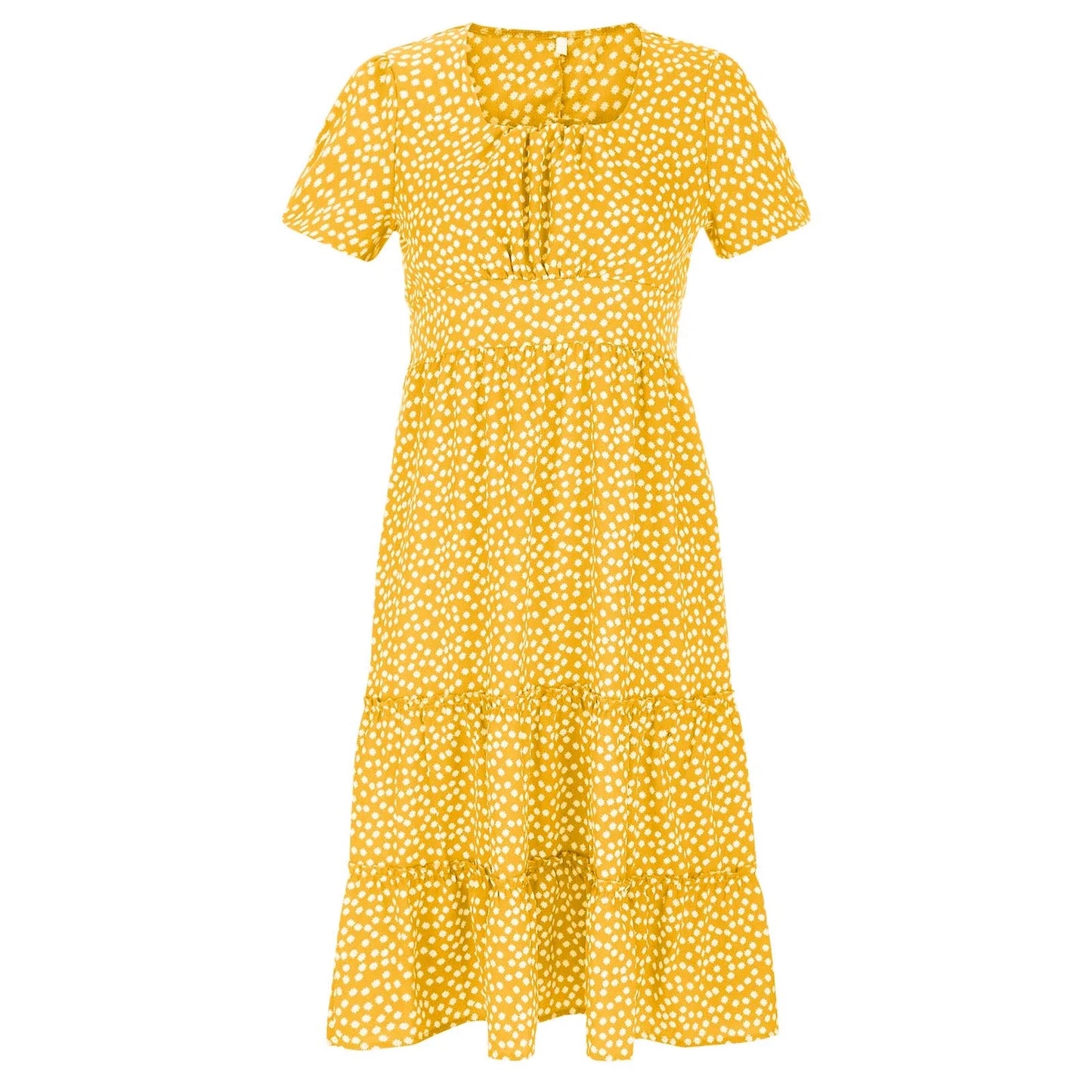 Casual Summer Dresses for Women Short Sleeve Trendy Printed Beach Midi Dress Square Neck Pleated Swing Boho Sundress