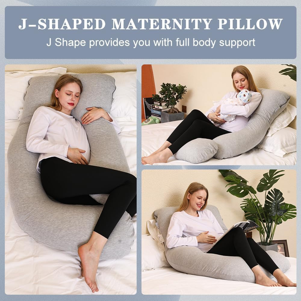 Pregnancy Pillow, J Shape Pregnancy Pillows for Sleeping, Body Pillow for Sleeping, Body Pillows for Adults, Maternity Pillow, with Jersry Removable Cover, Grey