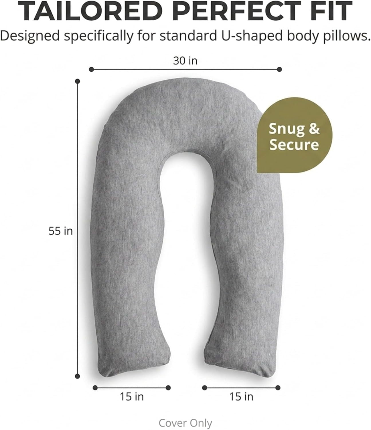 Deluxecomfort Jersey Knit Cover for U-Shaped Body Pillow - Soft Stain-Resistant Replacement Case, Machine Washable, Full, Grey