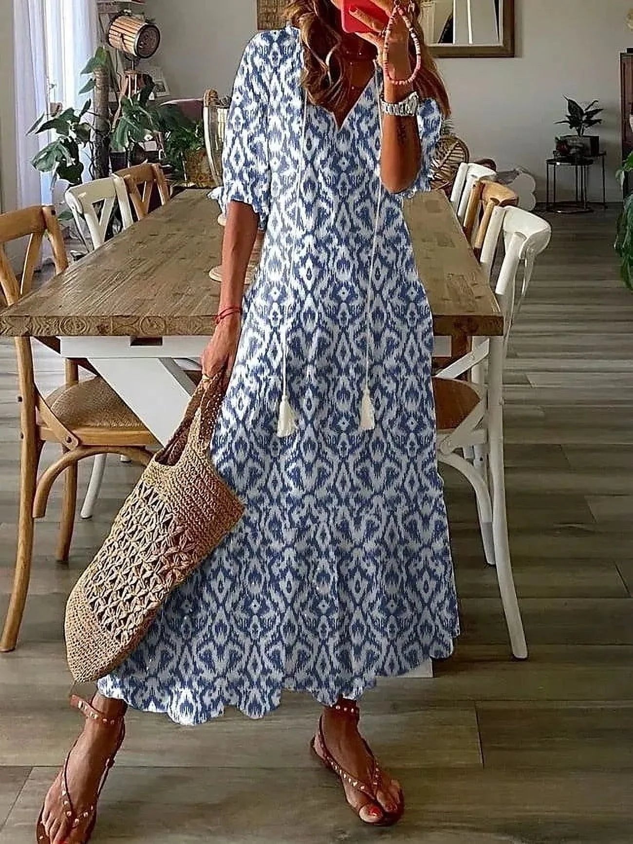 Sun Dresses for Women plus Size Fashion Casual Spring and Summer V-Neck Three-Quarter Sleeve Printed Dress Beach Flowy Long Dress