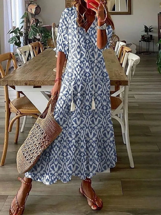 Sun Dresses for Women plus Size Fashion Casual Spring and Summer V-Neck Three-Quarter Sleeve Printed Dress Beach Flowy Long Dress