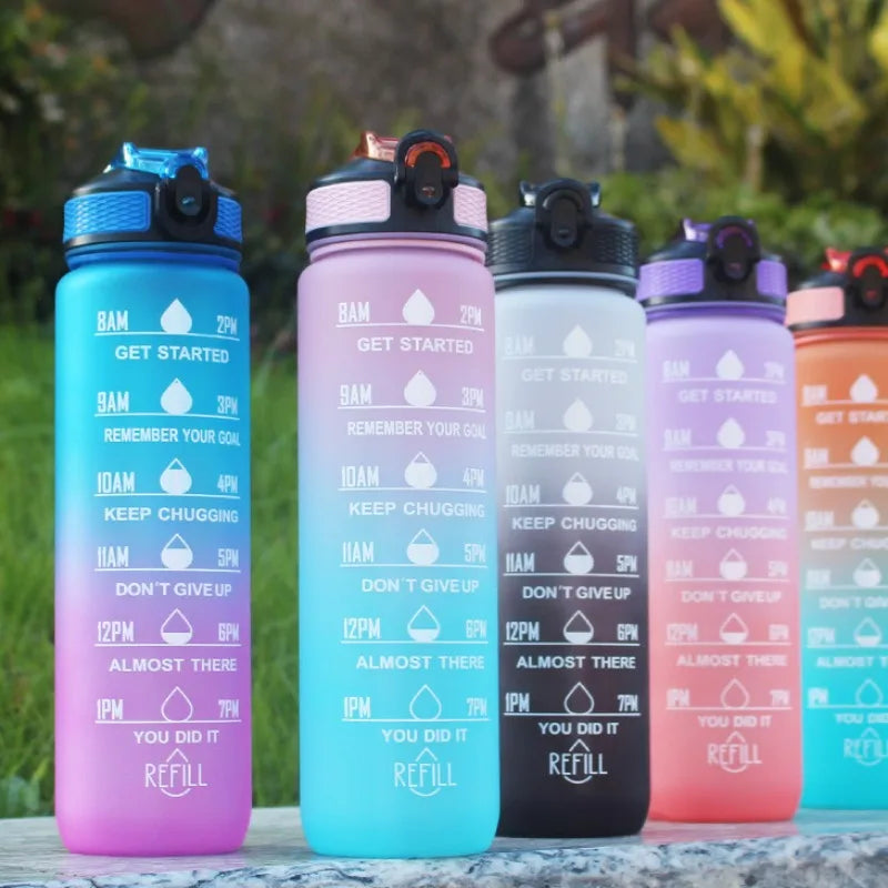 1000Ml Motivational Sports Water Bottle Straw Bottle Leakproof Gradient Time Marker Drinkware for Gym Outdoor