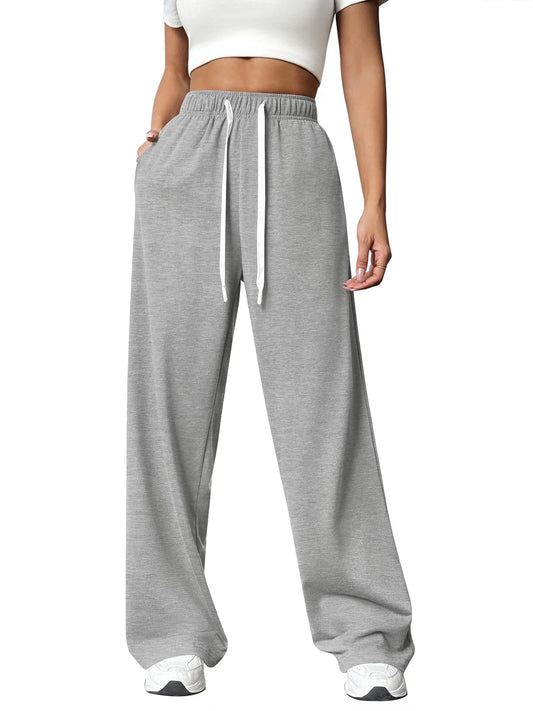 Sweatpants for Women Wide Leg Pants Fall Sweatpants with Pockets Elastic Waistband Comfy Pants Women Winter Lounge Pants Light Grey L