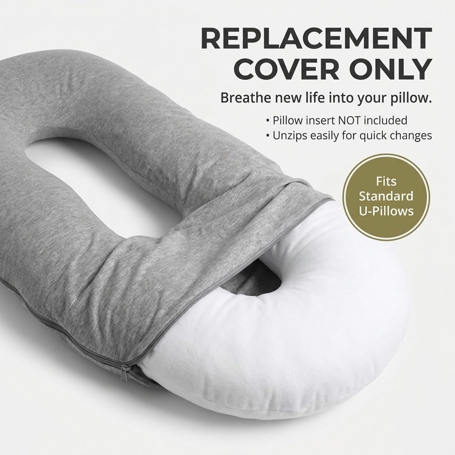 Deluxecomfort Jersey Knit Cover for U-Shaped Body Pillow - Soft Stain-Resistant Replacement Case, Machine Washable, Full, Grey