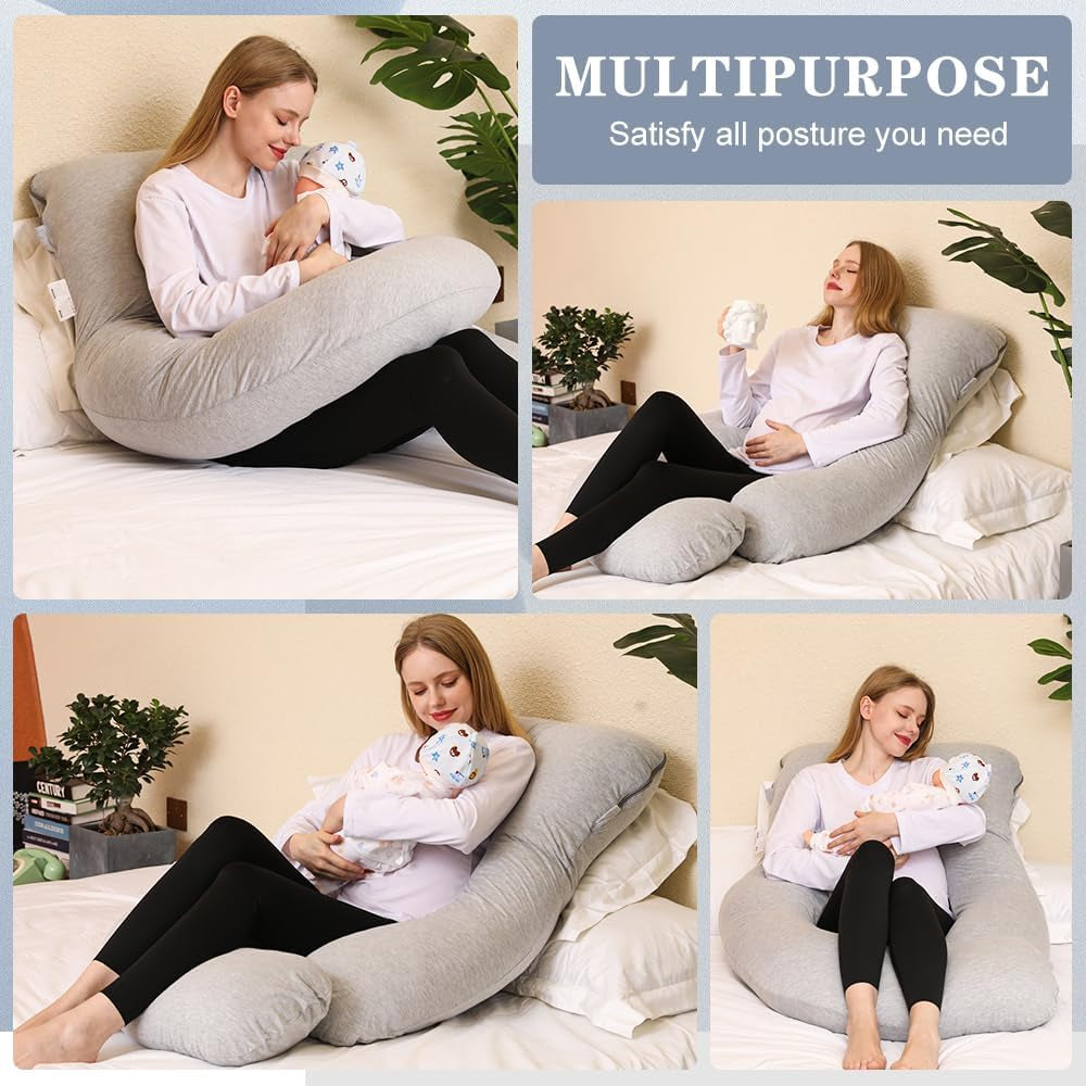 Pregnancy Pillow, J Shape Pregnancy Pillows for Sleeping, Body Pillow for Sleeping, Body Pillows for Adults, Maternity Pillow, with Jersry Removable Cover, Grey