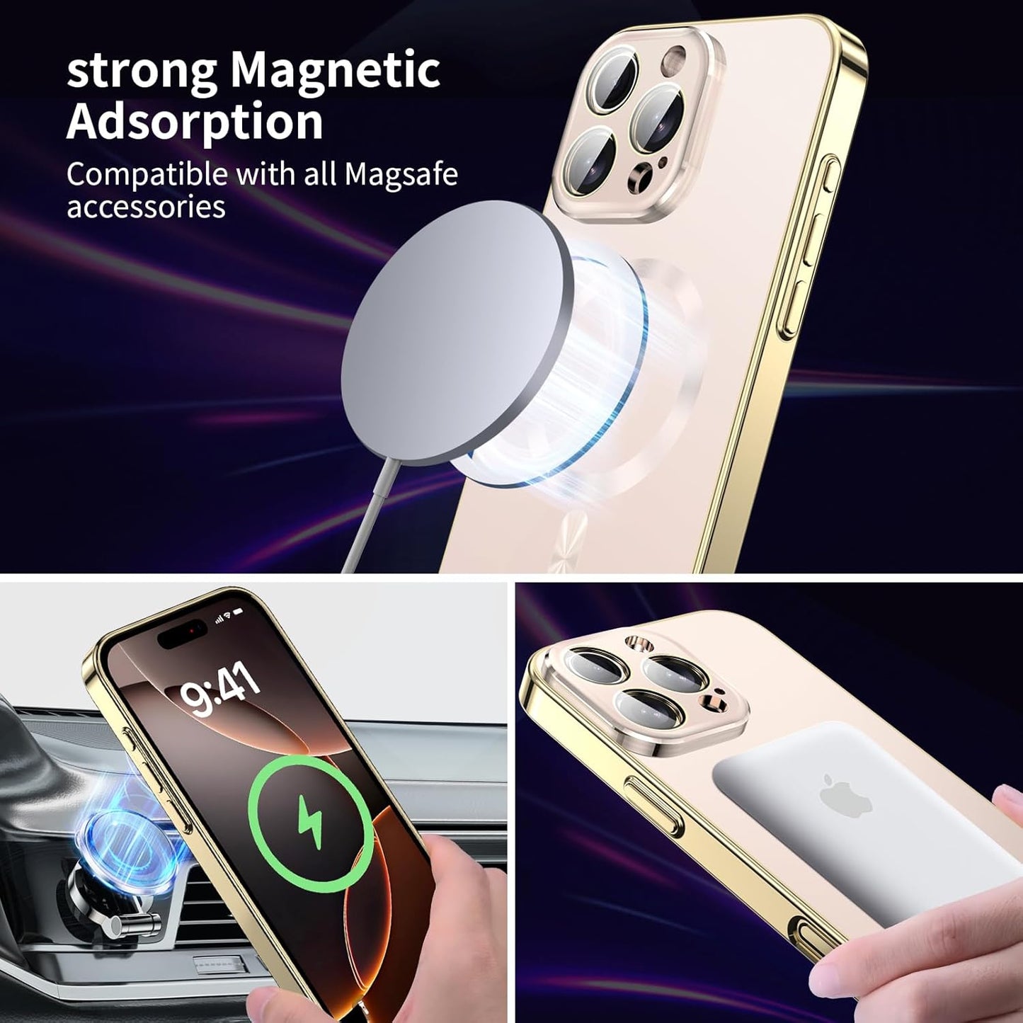 For Iphone 16 Pro Max Case Full Camera Cover,Magnetic for Iphone 16 Promax Case[Fit for Magsafe] Non-Slip Shockproof Cover for 16 Pro Max Phone Case,Gold