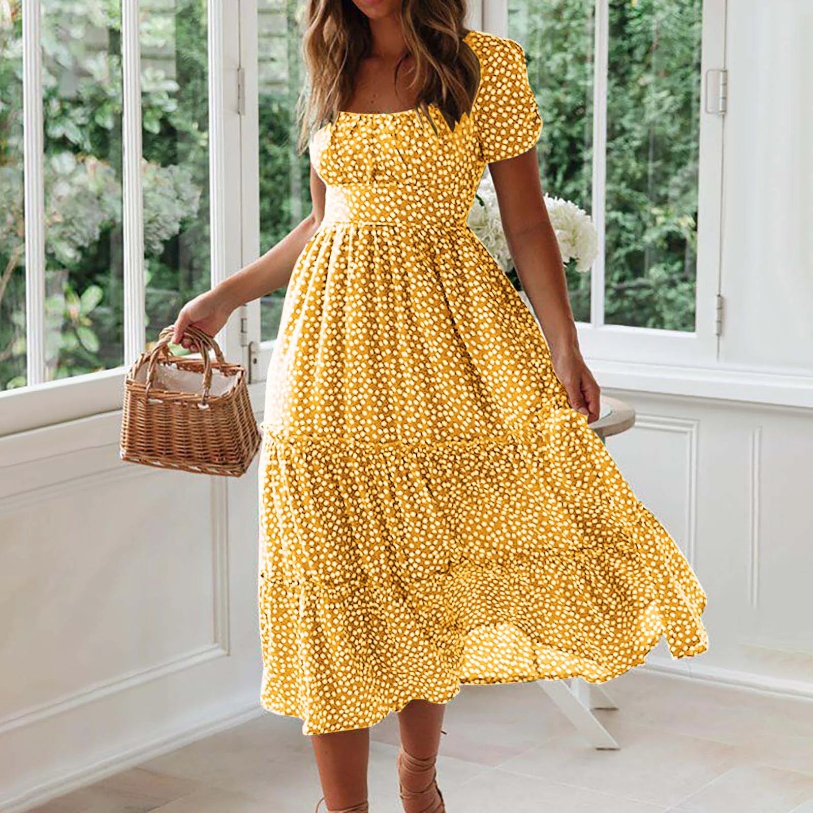 Casual Summer Dresses for Women Short Sleeve Trendy Printed Beach Midi Dress Square Neck Pleated Swing Boho Sundress