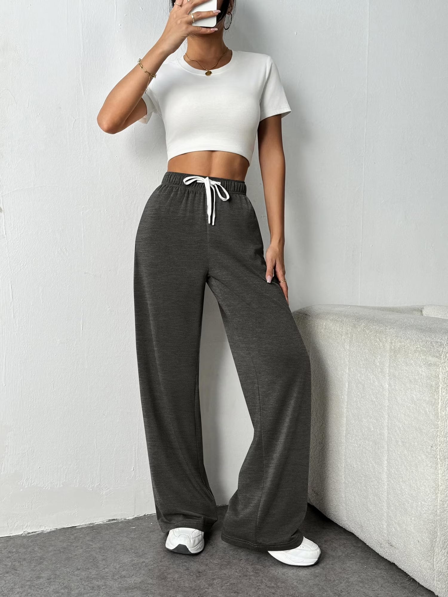 Fall Pants for Women Casual Sweatpants for Women Elastic Waistband Lounge Pants Women with Pockets Comfy Pants Winter Pants for Women Dark Grey M