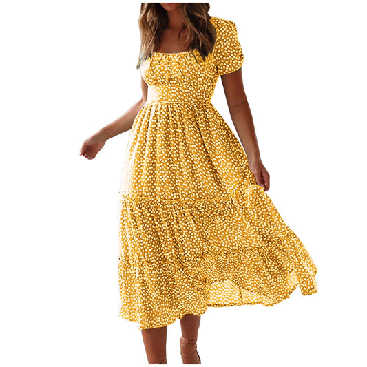 Casual Summer Dresses for Women Short Sleeve Trendy Printed Beach Midi Dress Square Neck Pleated Swing Boho Sundress