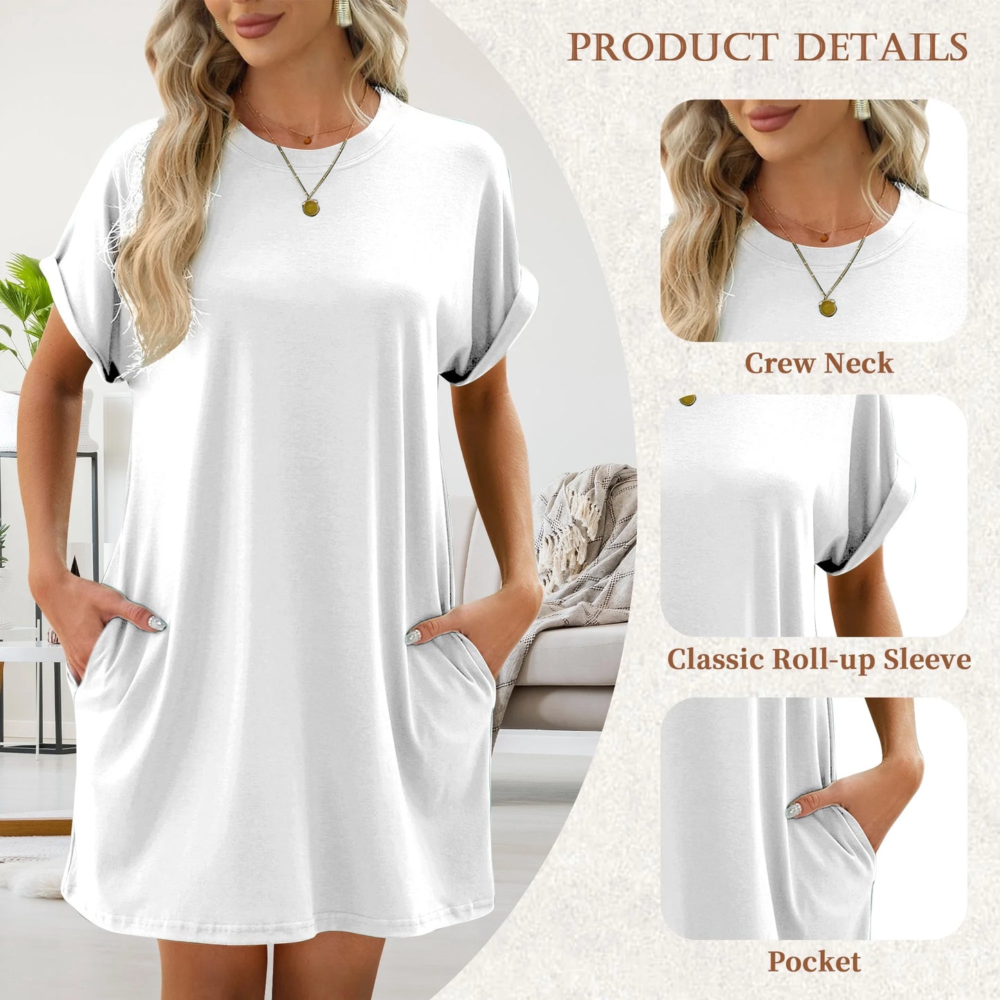 Women'S Casual Summer Short Sleeve T Shirt Dress Nightgown Crew Neck Loose Basic Womens Clothes Dresses with Pockets Swing Dressy Solid Color White plus Size XXL