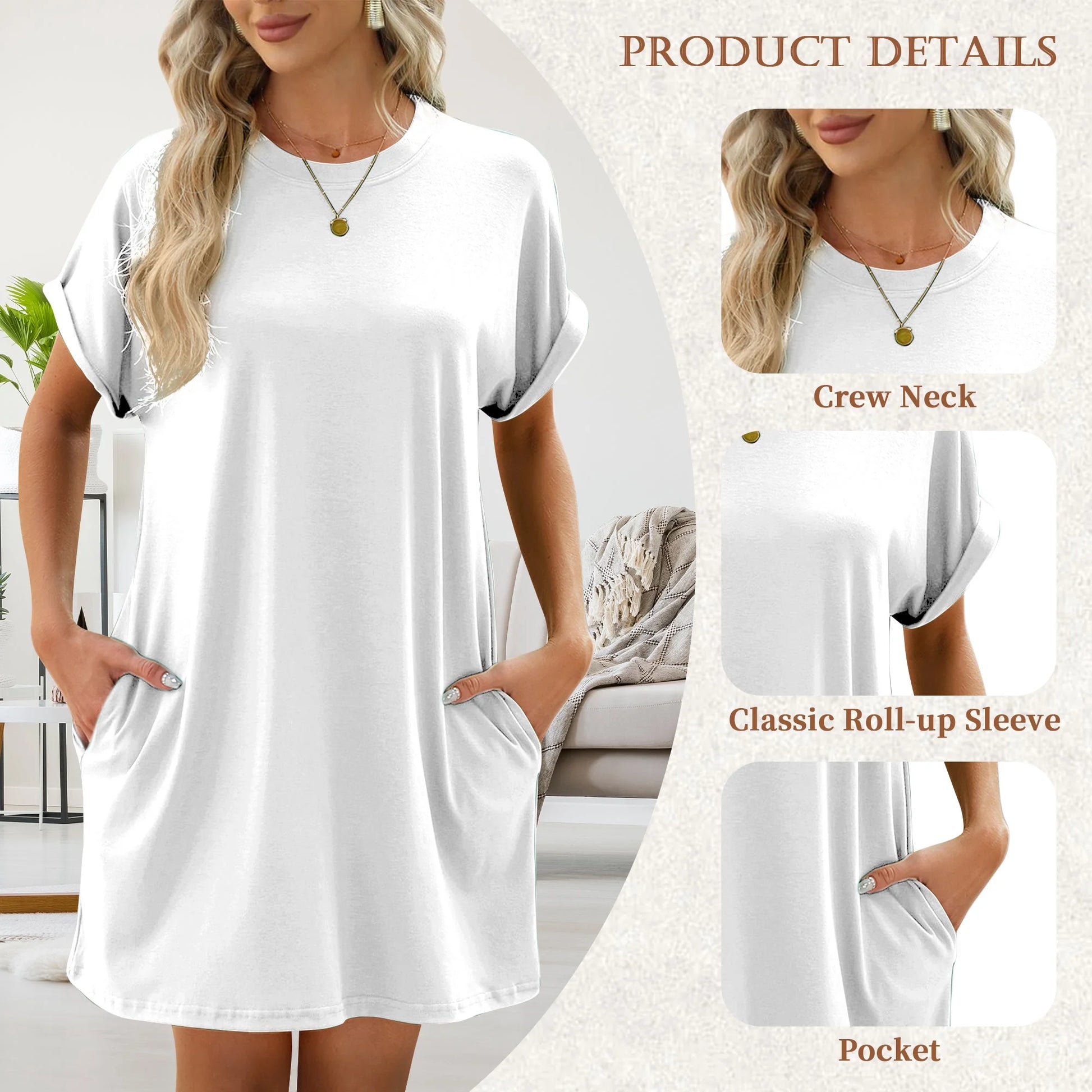 Women'S Casual Summer Short Sleeve T Shirt Dress Nightgown Crew Neck Loose Basic Womens Clothes Dresses with Pockets Swing Dressy Solid Color White plus Size XXL