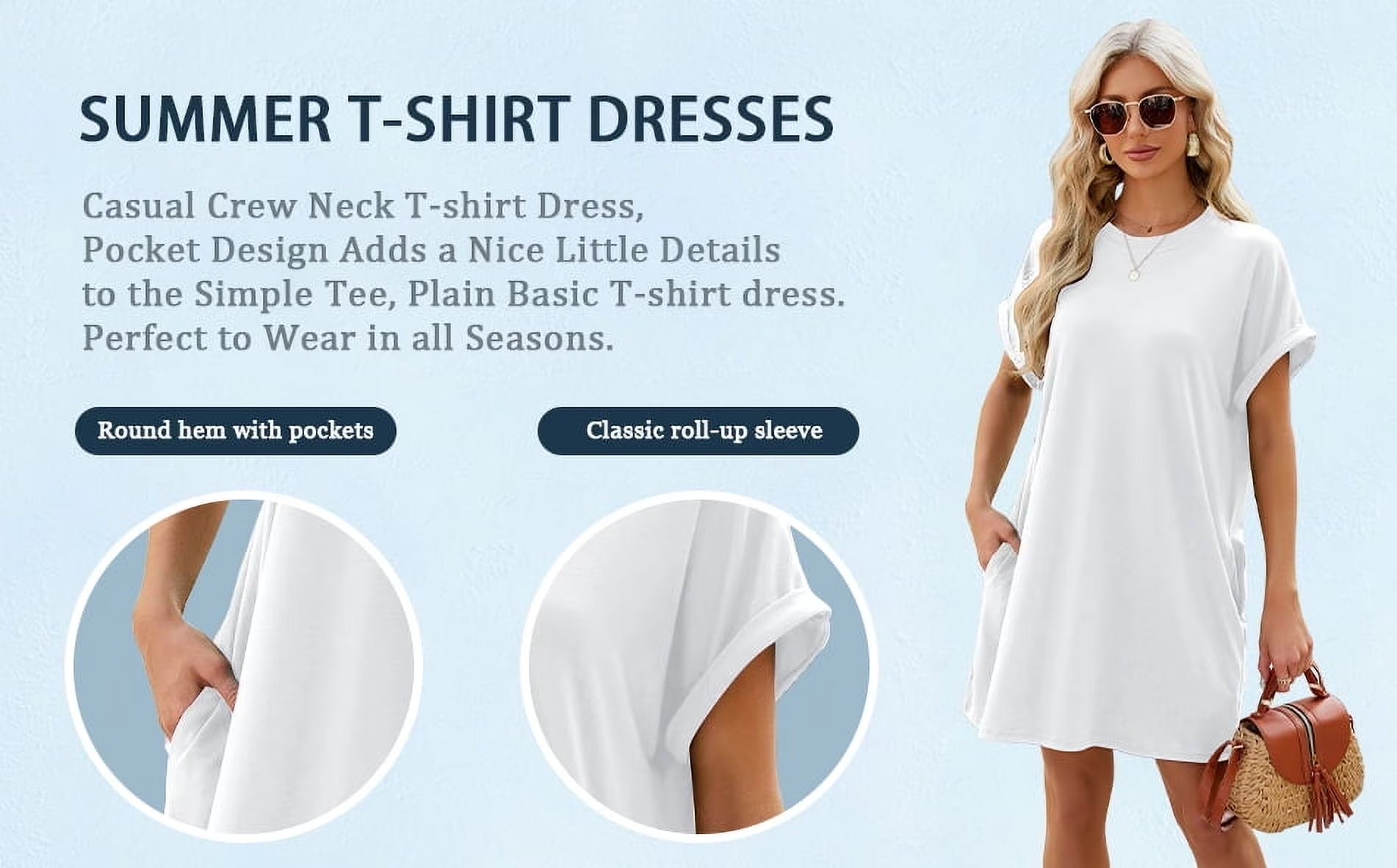 Women'S Casual Summer Short Sleeve T Shirt Dress Nightgown Crew Neck Loose Basic Womens Clothes Dresses with Pockets Swing Dressy Solid Color White plus Size XXL