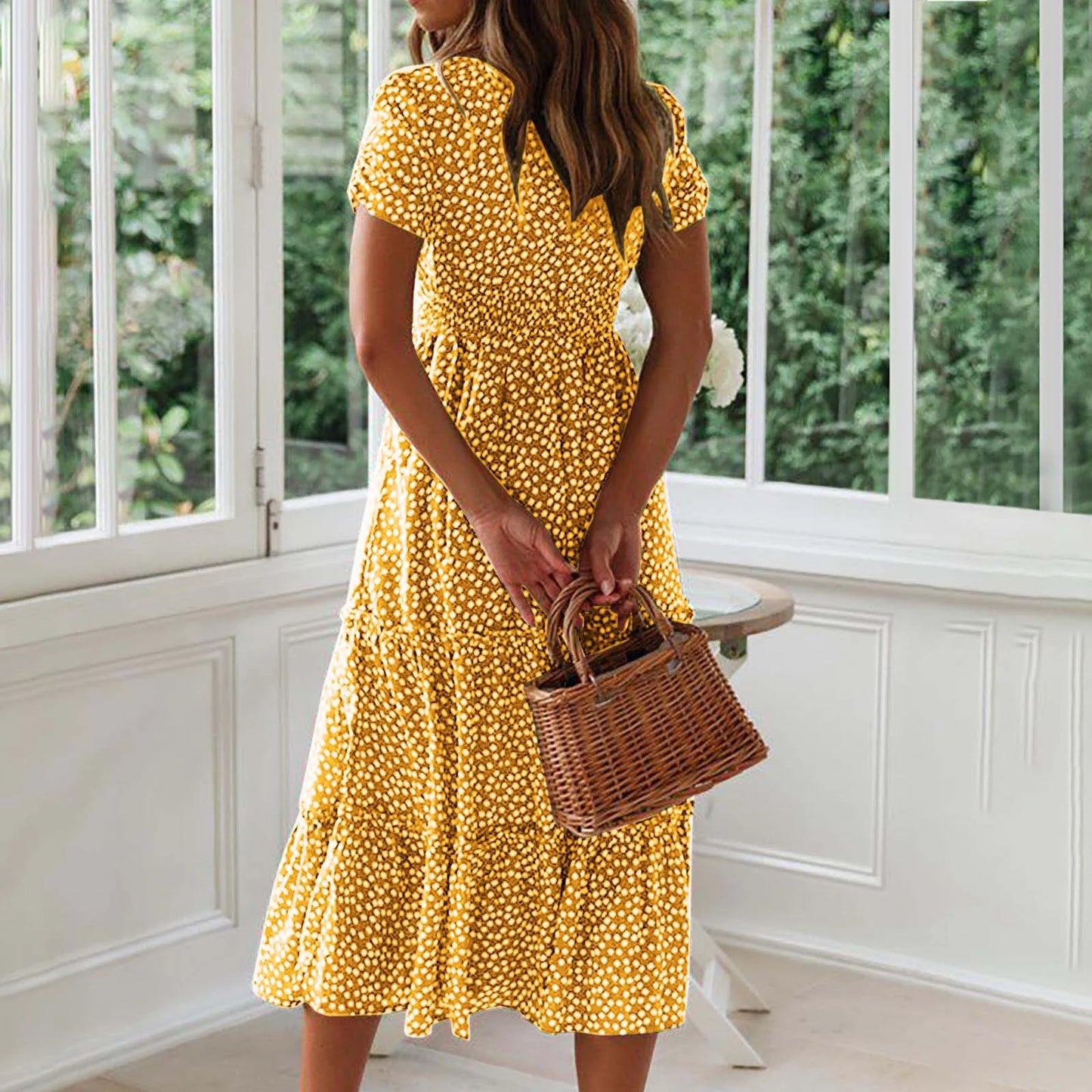 Casual Summer Dresses for Women Short Sleeve Trendy Printed Beach Midi Dress Square Neck Pleated Swing Boho Sundress