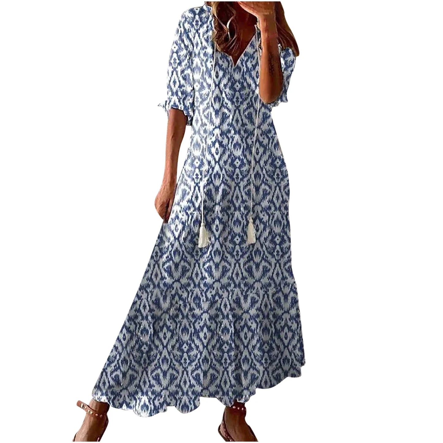 Sun Dresses for Women plus Size Fashion Casual Spring and Summer V-Neck Three-Quarter Sleeve Printed Dress Beach Flowy Long Dress