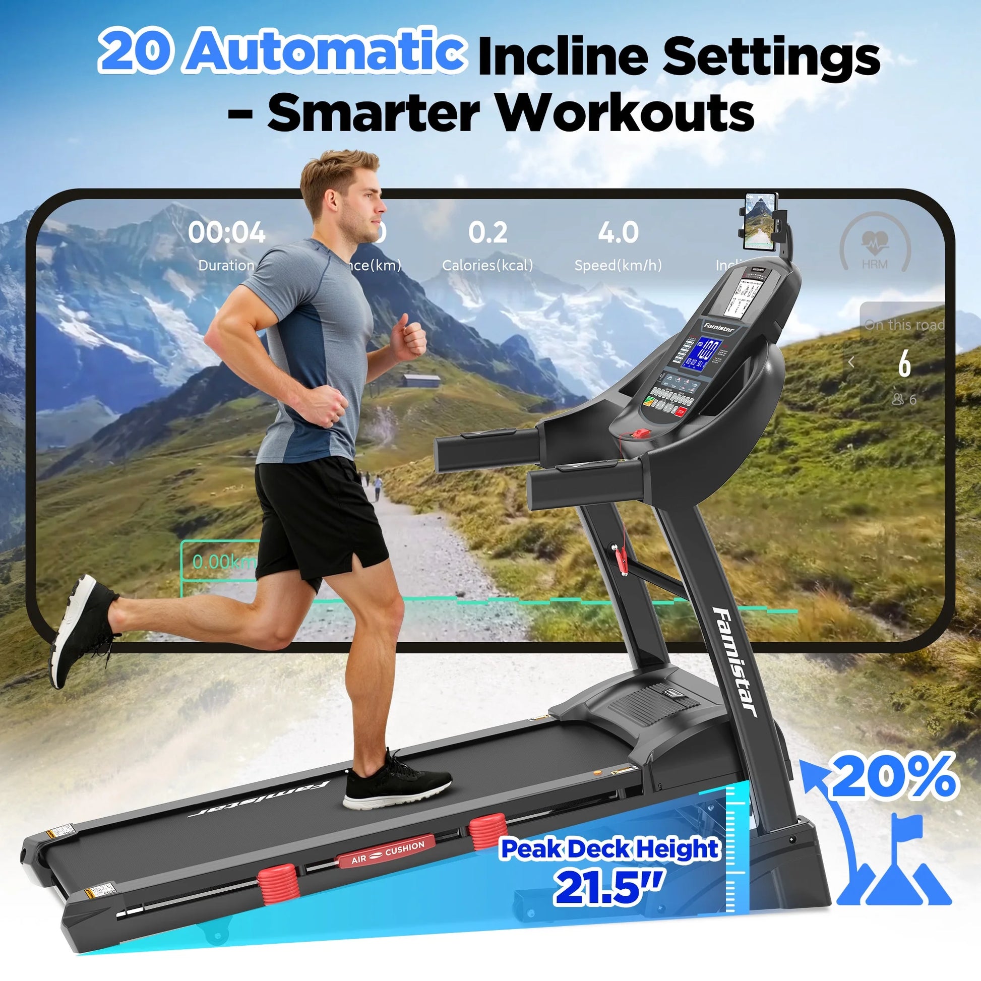 Famistar 5.0HP Folding Treadmill for Home with 20 Auto Incline, Smart APP, 300Lbs, Hifi Bluetooth Speakers, 64 Programs, 12MPH Speed, Foldable Electric Treadmill Running Machine, Knee Strap Gift