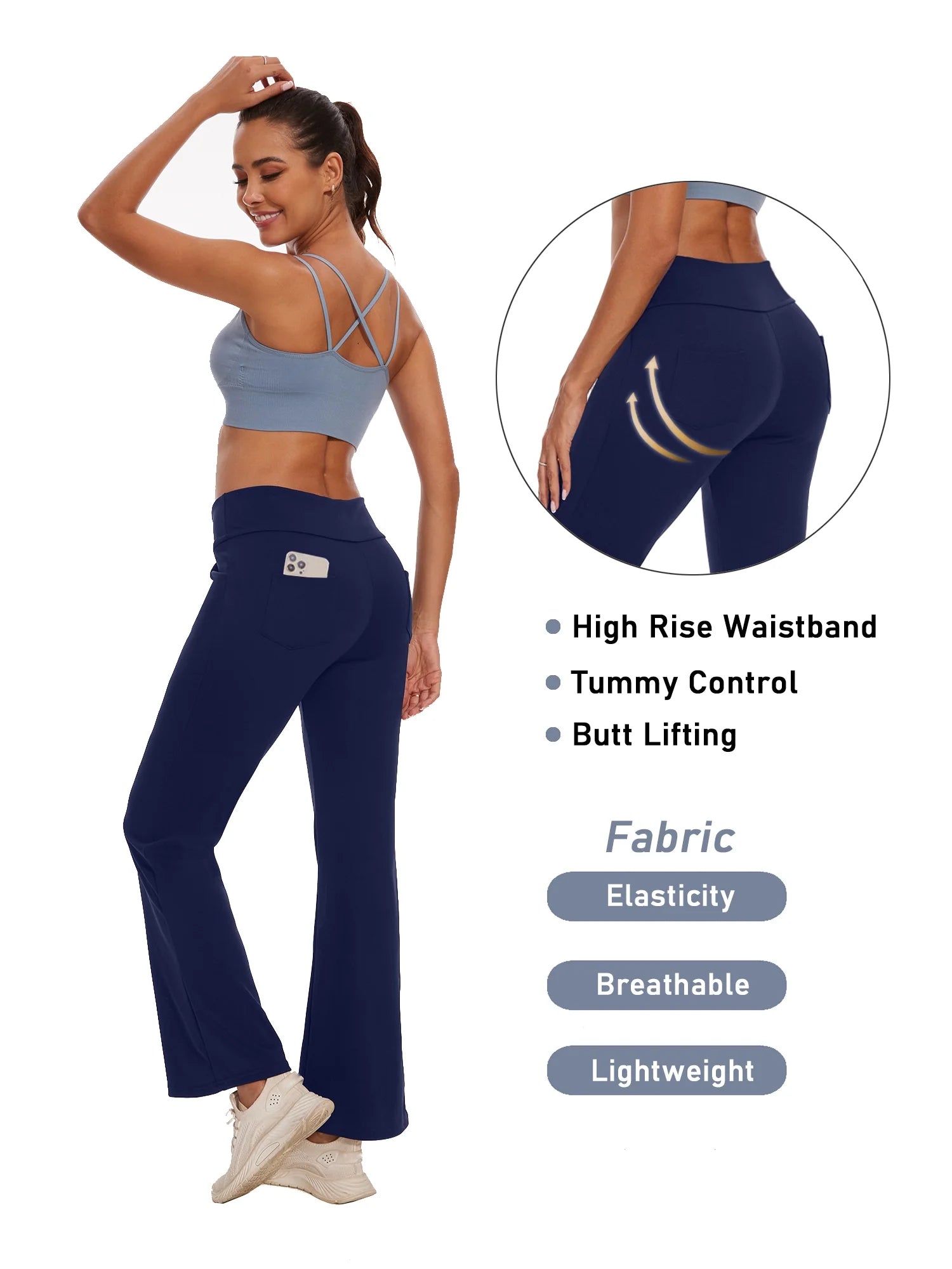 Womens Bootcut Yoga Pants Flare Legging with Pockets High Waist Lightweight Bottoms Workout Activewear Navy Blue XL