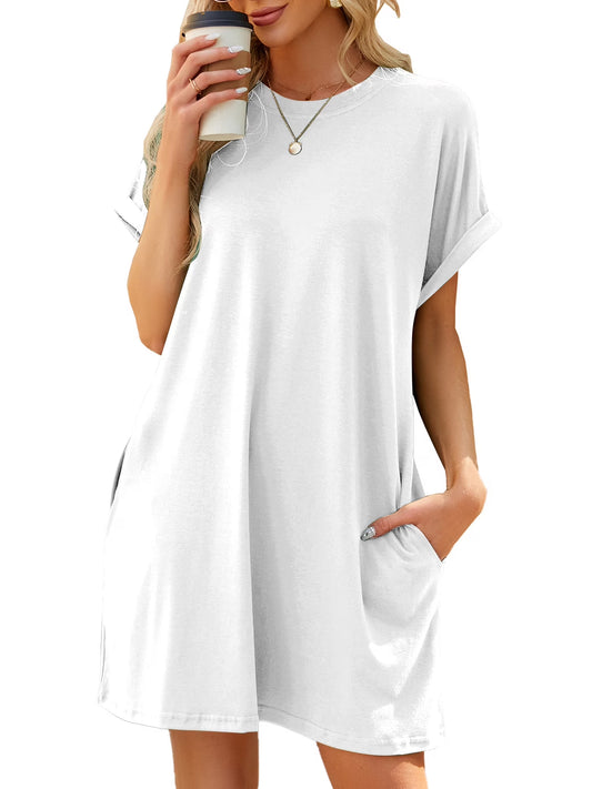 Women'S Casual Summer Short Sleeve T Shirt Dress Nightgown Crew Neck Loose Basic Womens Clothes Dresses with Pockets Swing Dressy Solid Color White plus Size XXL