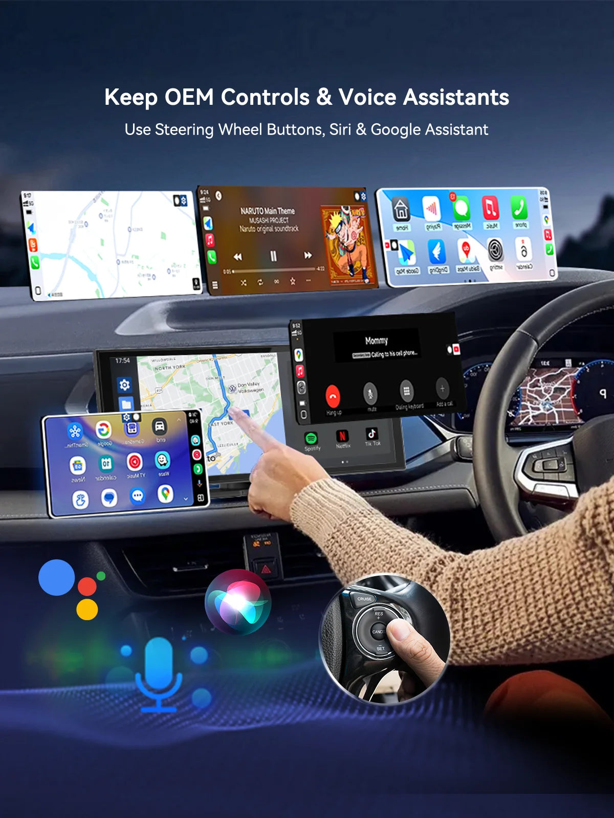 2 in 1 Wireless Carplay & Android Auto Dongle Fast Auto-Connect Compact Plug & Play for Iphone Android, USB A/USB-C No Delay