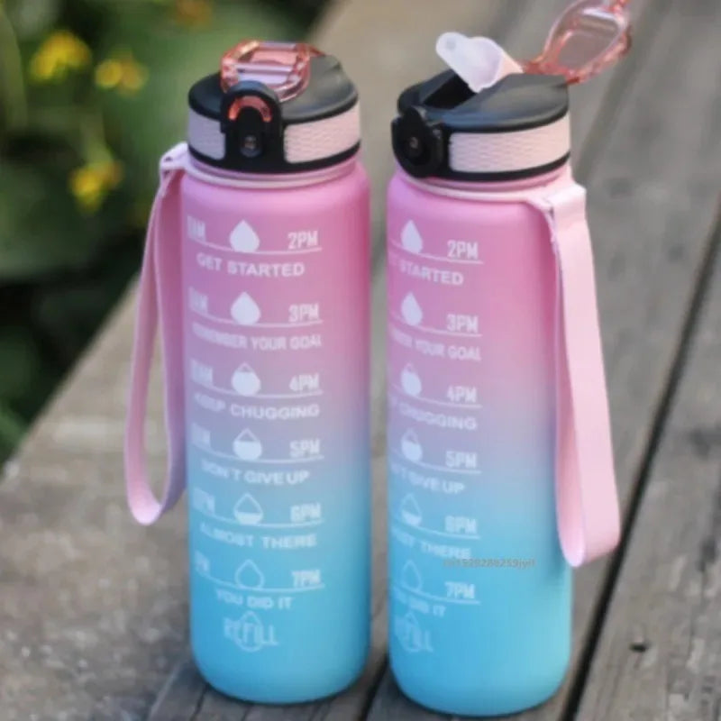 1000Ml Motivational Sports Water Bottle Straw Bottle Leakproof Gradient Time Marker Drinkware for Gym Outdoor