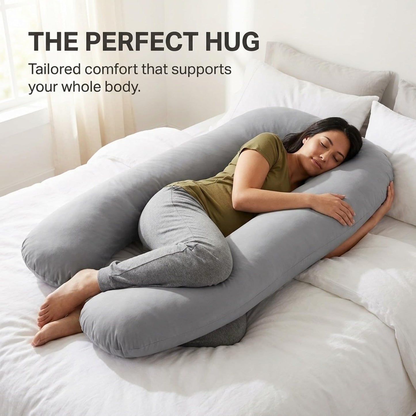 Deluxecomfort Jersey Knit Cover for U-Shaped Body Pillow - Soft Stain-Resistant Replacement Case, Machine Washable, Full, Grey