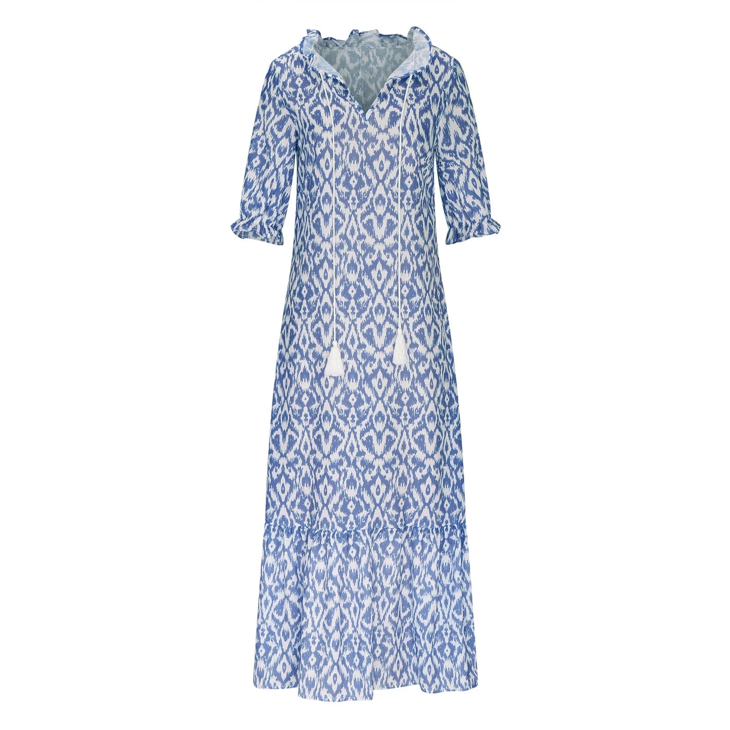Sun Dresses for Women plus Size Fashion Casual Spring and Summer V-Neck Three-Quarter Sleeve Printed Dress Beach Flowy Long Dress