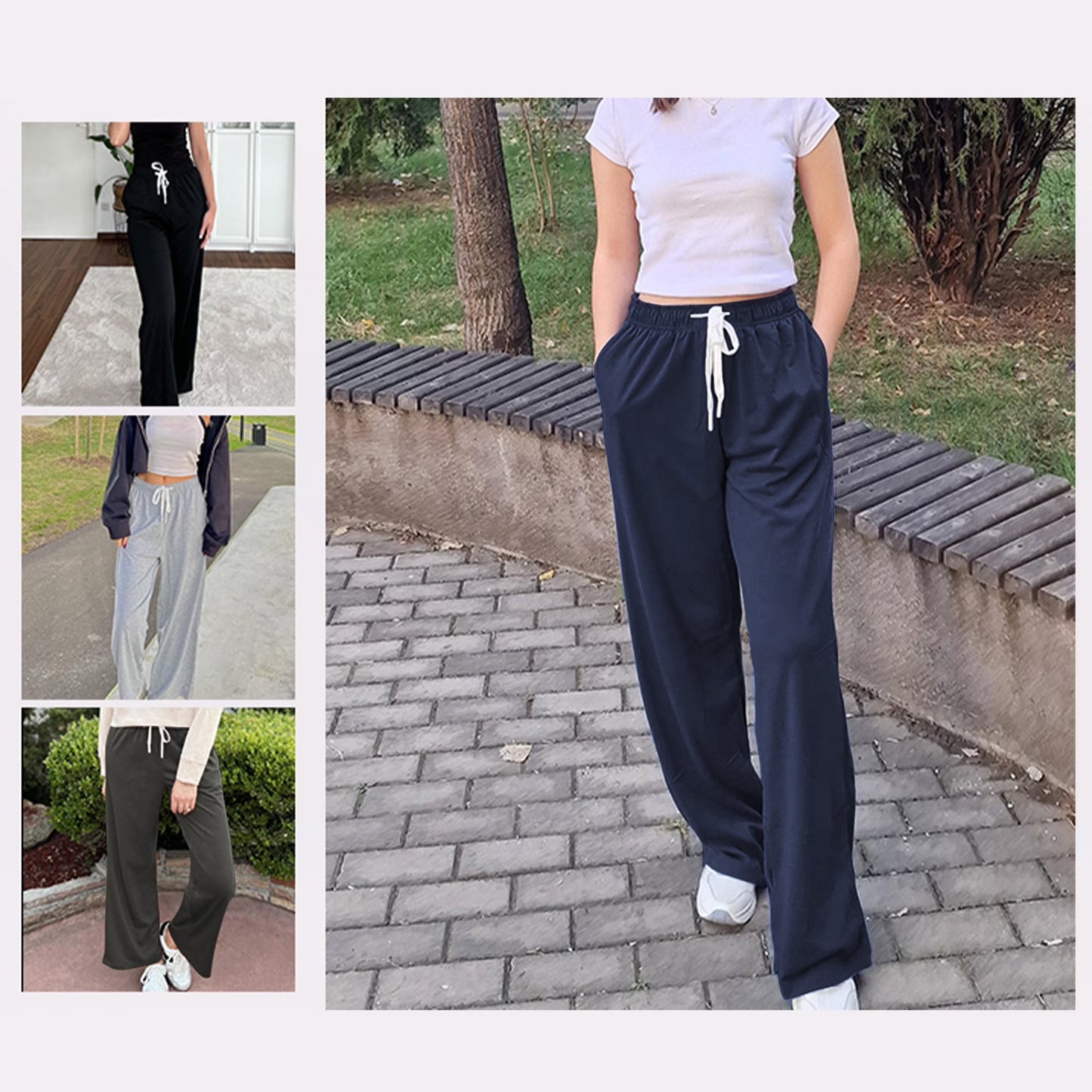 Sweatpants for Women Wide Leg Pants Fall Sweatpants with Pockets Elastic Waistband Comfy Pants Women Winter Lounge Pants Light Grey L