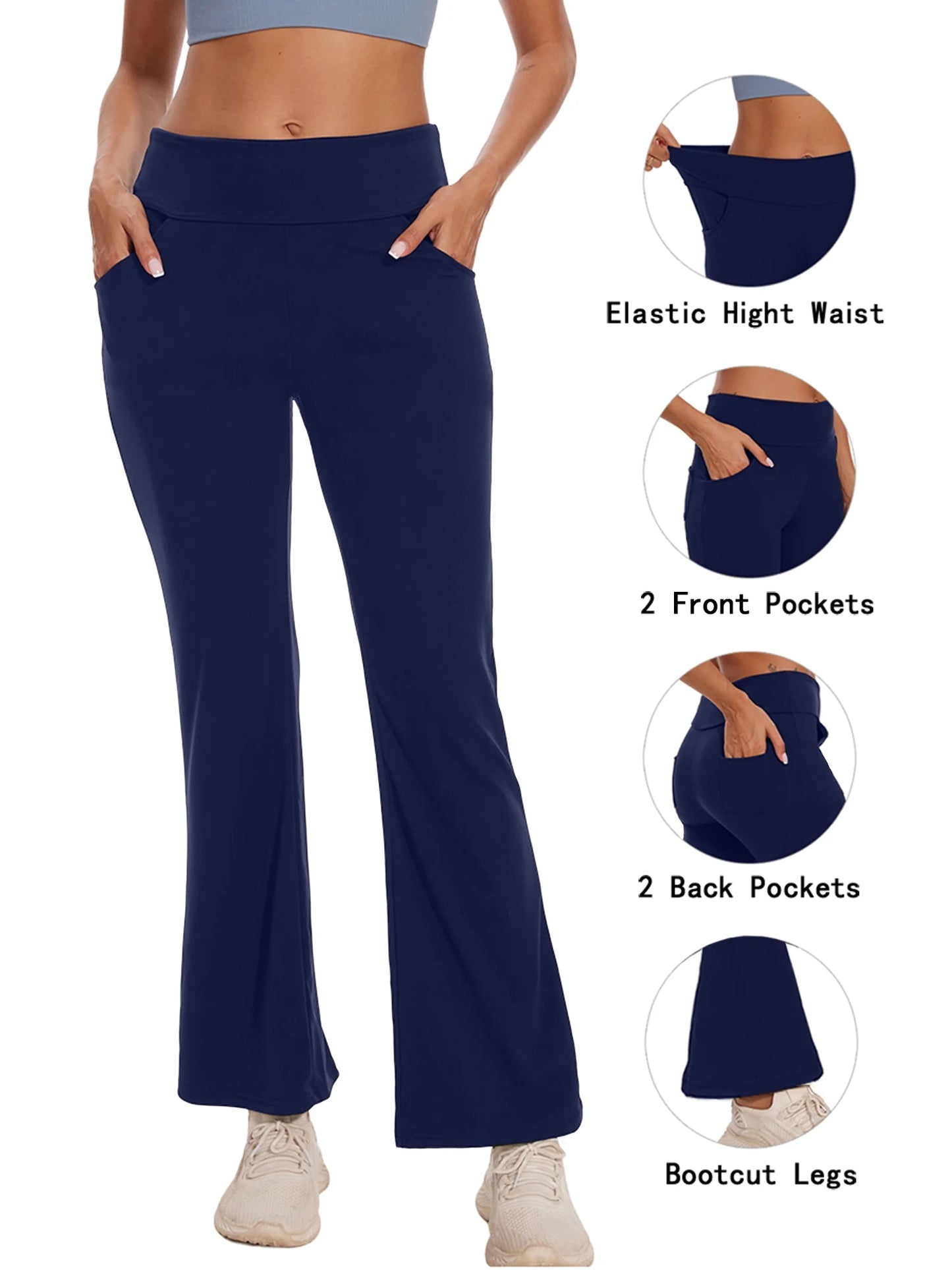Womens Bootcut Yoga Pants Flare Legging with Pockets High Waist Lightweight Bottoms Workout Activewear Navy Blue XL