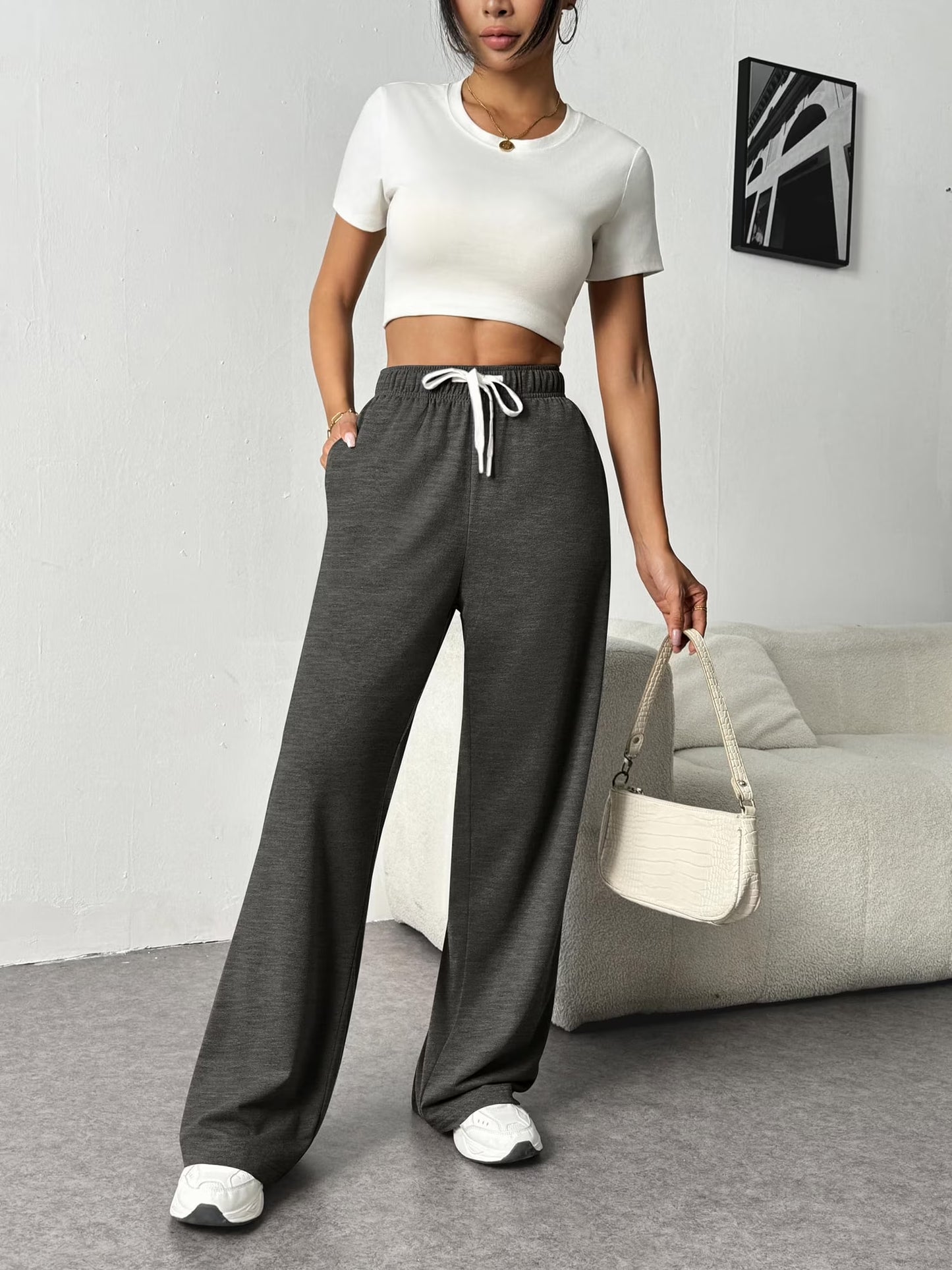 Fall Pants for Women Casual Sweatpants for Women Elastic Waistband Lounge Pants Women with Pockets Comfy Pants Winter Pants for Women Dark Grey M