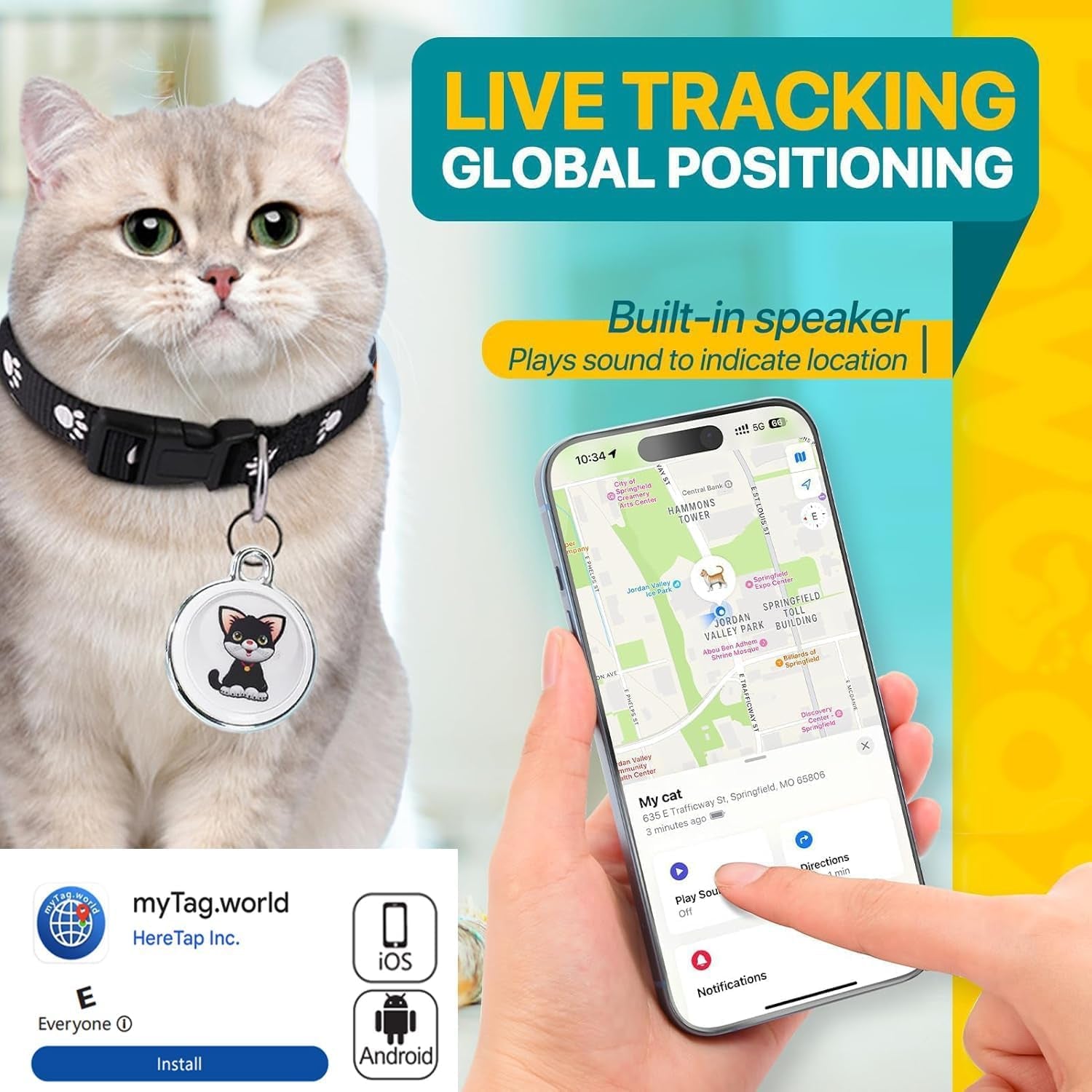 Cat Tracker Collar-Cat GPS Tracker-Cat Collar-Gps Tracker for Cats | Dual-System Tracker | Android and Ios Universal | No Monthly Fee | Waterproof | Works with Any Collar