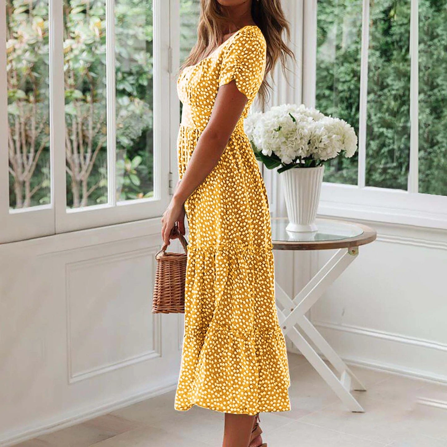 Casual Summer Dresses for Women Short Sleeve Trendy Printed Beach Midi Dress Square Neck Pleated Swing Boho Sundress