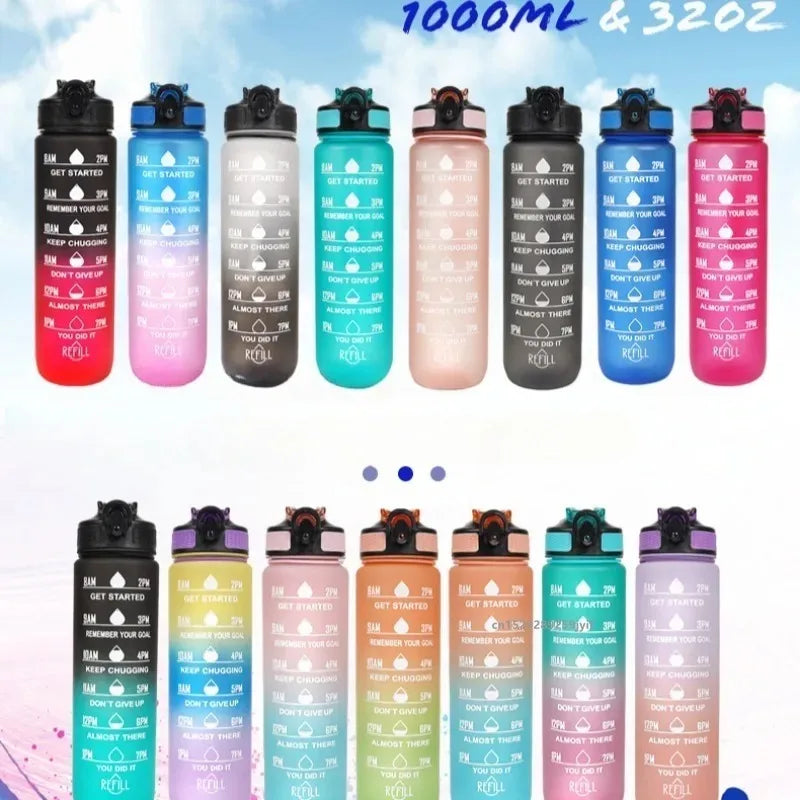 1000Ml Motivational Sports Water Bottle Straw Bottle Leakproof Gradient Time Marker Drinkware for Gym Outdoor