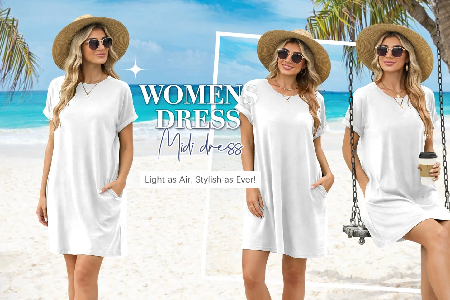 Women'S Casual Summer Short Sleeve T Shirt Dress Nightgown Crew Neck Loose Basic Womens Clothes Dresses with Pockets Swing Dressy Solid Color White plus Size XXL